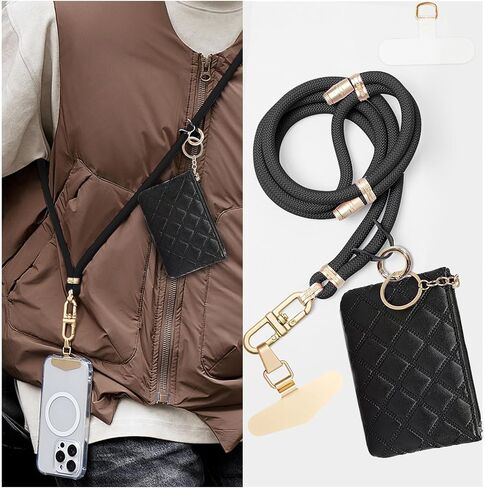 Clip and Go Phone Strap with Leather Zipper Pouch Bag, Phone Charm Neck Stylish Crossbody Adjustable Chain Lanyard Wallet in Saudi Arabia