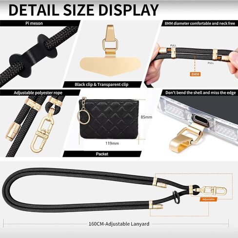 Clip and Go Phone Strap with Leather Zipper Pouch Bag, Phone Charm Neck Stylish Crossbody Adjustable Chain Lanyard Wallet in Saudi Arabia