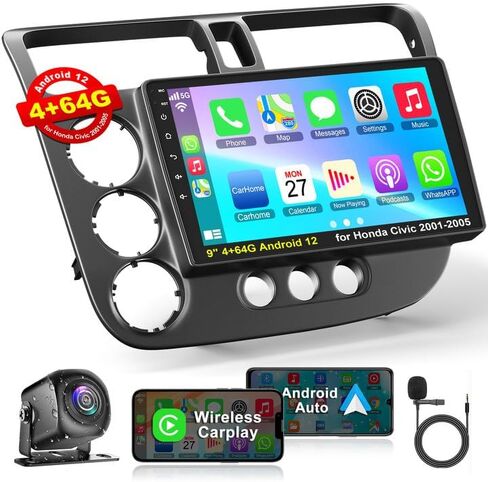 Android Car Radio for Honda Civic 2001-2005, 4+64G IPS Touchscreen Display Stereo with Wireless Carplay&Android Auto, SWC/Bluetooth5.2/GPS/WiFi/FM Radio/HD Backup Camera/HiFi/MIC/UI in Saudi Arabia
