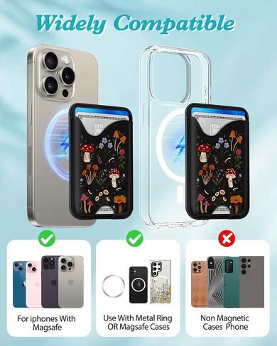 محفظة هاتف مغناطيسية من Toycamp - حامل بطاقات متوافق مع حافظة محفظة MagSafe RFID لهاتف Apple iPhone 16 Pro Max/15/14/13/12 Series Mag Wallet رفيعة ونحيفة للنساء بتصميم أسود لطيف للفتيات، فطر in Saudi Arabia