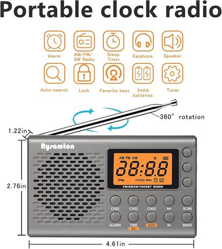 Portable AM/FM/Shortwave Radio, Batteries Operated Pocket Radios, Large Digital Display, Clock Radio with Alarm and Sleep Function, Earphone Included in Saudi Arabia