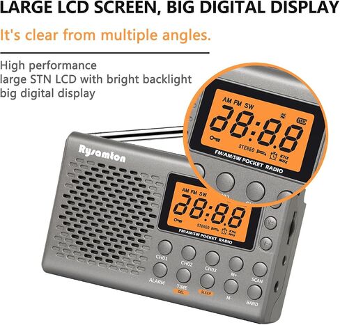 Portable AM/FM/Shortwave Radio, Batteries Operated Pocket Radios, Large Digital Display, Clock Radio with Alarm and Sleep Function, Earphone Included in Saudi Arabia