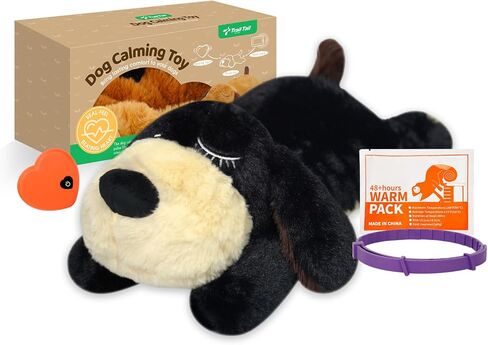 Dogs Calming Toy with Heartbeat, Dog Anxiety Relief Calming Aid,Anxiety Relief for Dogs Calming,Box Included a pet Calming Collars,48h Warm Pack,Plush Puppy Toy,Heartbeat Toy(Black) in Saudi Arabia