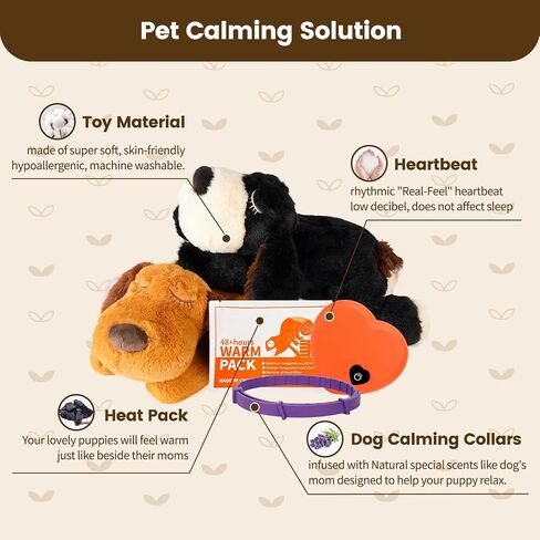 Dogs Calming Toy with Heartbeat, Dog Anxiety Relief Calming Aid,Anxiety Relief for Dogs Calming,Box Included a pet Calming Collars,48h Warm Pack,Plush Puppy Toy,Heartbeat Toy(Black) in Saudi Arabia