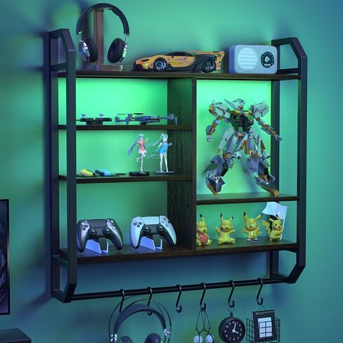 Nidouillet Gaming Floating Shelves, Large LED Wall Mounted Display Shelf, Adjustable Hanging Pipe Shelf Bookshelf with Lights 6 Hooks for Game Living Room Bedroom Coffee Bar Kitchen Decor in Saudi Arabia