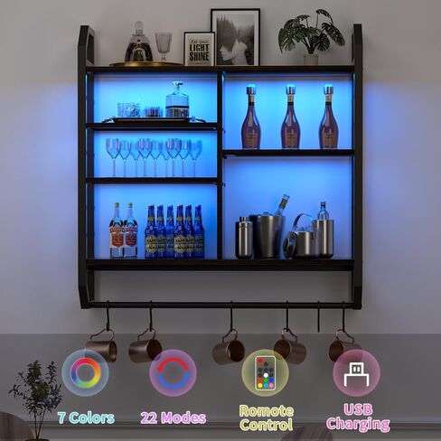 Nidouillet Gaming Floating Shelves, Large LED Wall Mounted Display Shelf, Adjustable Hanging Pipe Shelf Bookshelf with Lights 6 Hooks for Game Living Room Bedroom Coffee Bar Kitchen Decor in Saudi Arabia