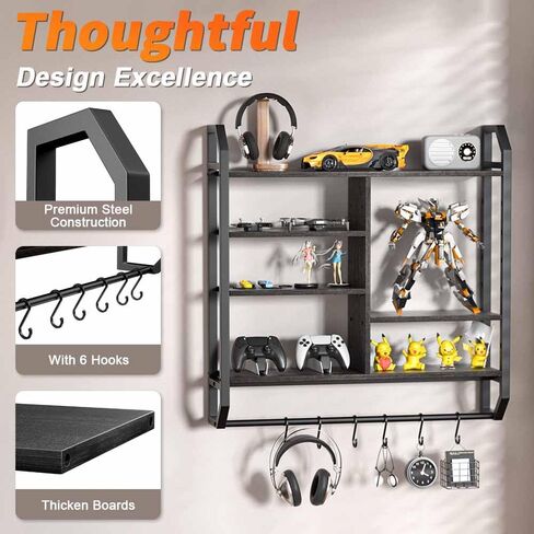 Nidouillet Gaming Floating Shelves, Large LED Wall Mounted Display Shelf, Adjustable Hanging Pipe Shelf Bookshelf with Lights 6 Hooks for Game Living Room Bedroom Coffee Bar Kitchen Decor in Saudi Arabia