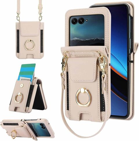 for Motorola Moto razr 2024 Wallet case with Hand Strap & Neck Strap & Ring Holder & Hinge Protection,Portable Card Case Shock Absorption Cover (Dark Purple, Razr 2024) in Saudi Arabia