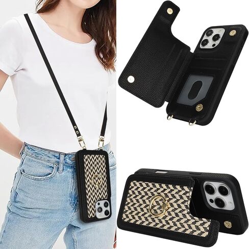 Crossbody Wallet Case for iPhone 16 Pro Max, PU Leather Purse with Wristlet Strap Lanyard Pocket Card Holder 360° Ring Kickstand Cover for Women Case for Apple iPhone 16 Pro Max.Lines Black in Kuwait