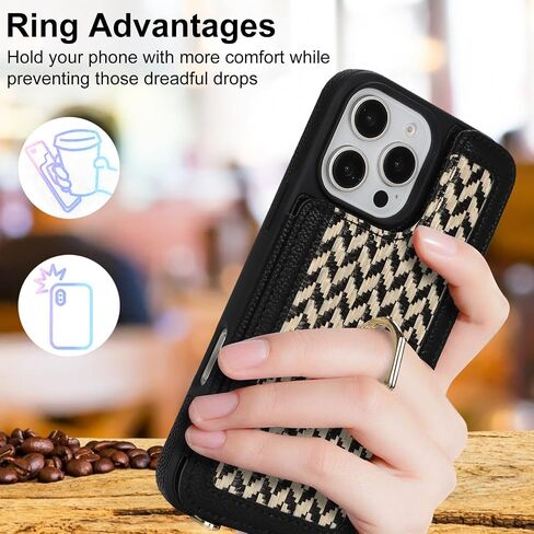 Crossbody Wallet Case for iPhone 16 Pro Max, PU Leather Purse with Wristlet Strap Lanyard Pocket Card Holder 360° Ring Kickstand Cover for Women Case for Apple iPhone 16 Pro Max.Lines Black in Kuwait