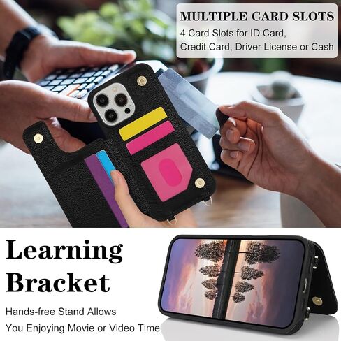 Crossbody Wallet Case for iPhone 16 Pro Max, PU Leather Purse with Wristlet Strap Lanyard Pocket Card Holder 360° Ring Kickstand Cover for Women Case for Apple iPhone 16 Pro Max.Lines Black in Kuwait