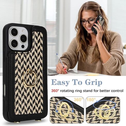Crossbody Wallet Case for iPhone 16 Pro Max, PU Leather Purse with Wristlet Strap Lanyard Pocket Card Holder 360° Ring Kickstand Cover for Women Case for Apple iPhone 16 Pro Max.Lines Black in Kuwait