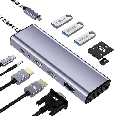 Docking Station Dual Monitor, USB C to Dual HDMI Adapter, Laptop Docking Station, USB C Docking Station, USB C Hub 10 in 1 Docking Station 3 Monitors with HDMI/VGA/PD/USB/SD/TF/3.5mm Audio in Kuwait