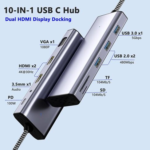 Docking Station Dual Monitor, USB C to Dual HDMI Adapter, Laptop Docking Station, USB C Docking Station, USB C Hub 10 in 1 Docking Station 3 Monitors with HDMI/VGA/PD/USB/SD/TF/3.5mm Audio in Kuwait