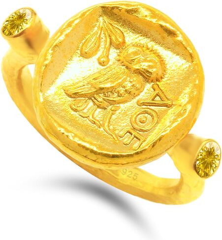 Caprixus Signet Ring 925 Sterling Silver Ring Ancient Greek Athens Owl Coin Ring 24K Gold Vermeil Designer Handmade Rings for Women Hammered Granulated Pinky Ring Turkish Fine Jewelry in Saudi Arabia