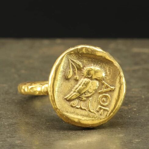 Caprixus Signet Ring 925 Sterling Silver Ring Ancient Greek Athens Owl Coin Ring 24K Gold Vermeil Designer Handmade Rings for Women Hammered Granulated Pinky Ring Turkish Fine Jewelry in Saudi Arabia