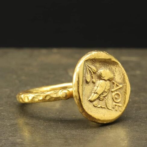 Caprixus Signet Ring 925 Sterling Silver Ring Ancient Greek Athens Owl Coin Ring 24K Gold Vermeil Designer Handmade Rings for Women Hammered Granulated Pinky Ring Turkish Fine Jewelry in Saudi Arabia