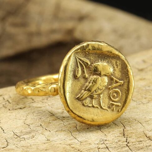 Caprixus Signet Ring 925 Sterling Silver Ring Ancient Greek Athens Owl Coin Ring 24K Gold Vermeil Designer Handmade Rings for Women Hammered Granulated Pinky Ring Turkish Fine Jewelry in Saudi Arabia