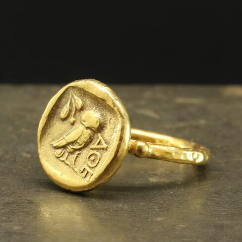 Caprixus Signet Ring 925 Sterling Silver Ring Ancient Greek Athens Owl Coin Ring 24K Gold Vermeil Designer Handmade Rings for Women Hammered Granulated Pinky Ring Turkish Fine Jewelry in Saudi Arabia