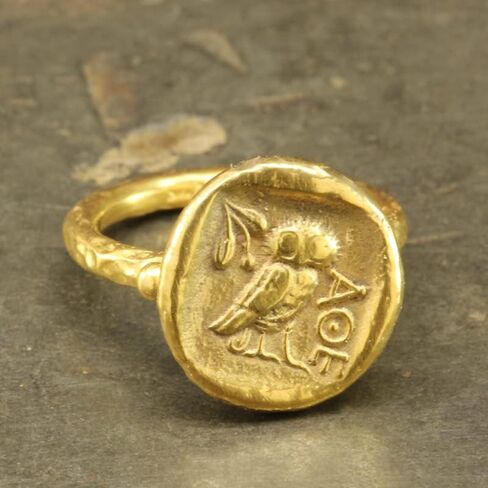 Caprixus Signet Ring 925 Sterling Silver Ring Ancient Greek Athens Owl Coin Ring 24K Gold Vermeil Designer Handmade Rings for Women Hammered Granulated Pinky Ring Turkish Fine Jewelry in Saudi Arabia
