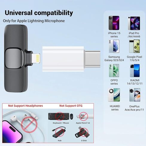 Type C to Lightning Microphone Adapter, USB C Male to Lightning Female Converter for Wireless Lavalier Microphone to your phone, Not for Headphone and Data, also Can charge for iPhone 16 Series etc in Kuwait