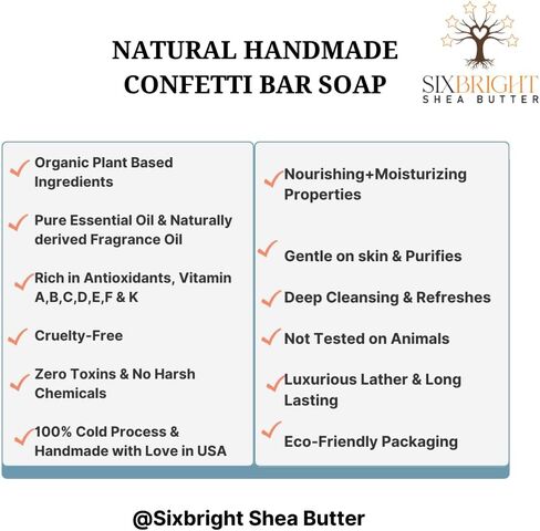Sixbright, HANDMADE in USA ORGANIC INGREDIENTS COLD PROCESS BAR SOAP-CRUELTY FREE-FOR MEN WOMEN-ALL SKIN TYPES- 4 oz. (PACK of 1) CONFETTI (BLUE CONFETTI-FIESTA SOAP, PEPPERMINT + TEA TREE) in Saudi Arabia