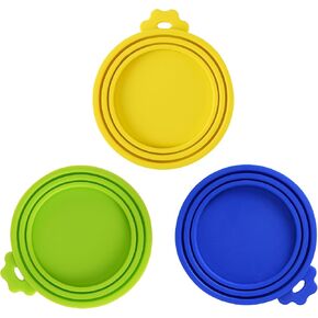 SunGrow Cat Food Can Lids, Durable and Flexible Silicone Wet Pet Food Can Covers, Universal Fit Storage Toppers, Dishwasher-friendly, Yellow, Blue, Green, 4" x 3.5", 3 Pcs Per Pack