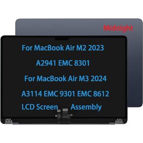 Screen Replacement 15" for MacBook Air M2 A2941 EMC 8301 M3 A3114 EMC 9301 EMC 8612 MQKU3LL/A MQKV3LL/A 2023 2024 LCD Screen Display Complete Top Assembly (Midnight)