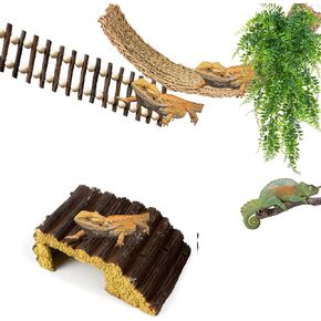 5PCS Reptile Habitat Set with Climbing Ladder for Active Geckos, Resin Hideouts for Lizards, Cozy Hammocks for Relaxing Bearded Dragons, Lush Jungle Vines for Climbing Hanging Plants