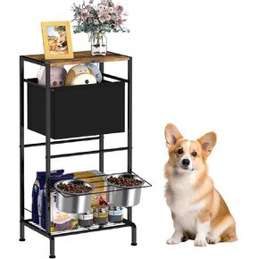 Elevated Dog Bowls, Raised Bowl Stand with Toy Bin Basket, Dog Food Feeding Station, 2 Stainles Container Heights Adjustable Shelve, Holder Cabinet Pet Storage Organizer for Medium Small DogCat, Brown