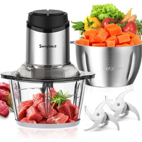 Food Processor, Meat Grinder Vegetable Chopper for Home Use, Sovyime Small Food Chopper with 2 Bowls(8 Cup) & 2 Bi-Level Blades. 350W Electric Meat Chopper for Onion, Baby Food, Garlic, Nuts, Fruit