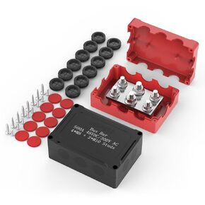 Mofeez Power Distribution Block Heavy Duty 500A Waterproof Bus Bar with 2X 3/8"(M10) + 4X 5/16"(M8) Studs, 48V DC Automotive Marine Battery Terminal Distribution Block with Cover