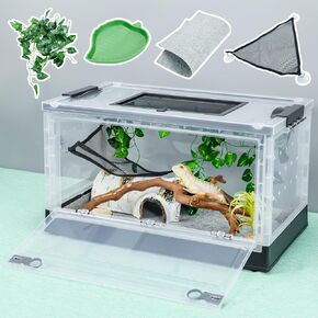 Foldable Reptile Terrariums, Snake Tanks, and Enclosures for Bearded Dragons, Iguanas, Lizards, Crested Geckos -Clear Views, High-Temperature Resistant Iron Mesh Ventilation (Black, 22'')