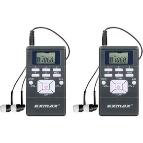 EXMAX® EXG-108 Wireless Portable Pocket DSP FM Stereo Radio Digital Receiver with Mini LCD Clock Earphone for Tour Guide System Teaching Meeting - 2 Pack (Gray)