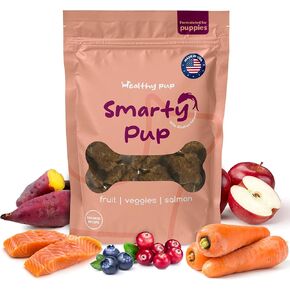 Smarty Pup Salmon Jerky - 5 oz of Fruit, Veggies, and Fish Dog Treats – Puppy Jerky Made with Apples, Carrots, Sweet Potato, Wild Alaskan Salmon, Blueberries, Cranberries, and More