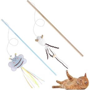 Cat Wand Toy Set, 2 PCS Interactive Cat Teaser Wands with Cute Bee & Mouse Designs, Equipped with Bells and Streamers to Captivate Your Cat’s Attention