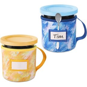 2pcs Ice Cream Neoprene Sleeves, Tie-Dye Prints Reusable Insulated Sleeve Cover for Ninja Creami Ice Cream Pints with Handle Spoon Holder and Name Plate Slot (24oz, C+D Style)