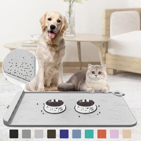 Pet Feeding Mat, Dog Food Mat, Silicone Pet Feeding Mats with Residue Collection Pocket, Waterproof Dog Cat Bowl Mats for Food and Water with Edge and Hook, Tray for Dog Bowls (Teal, 18''x12'')