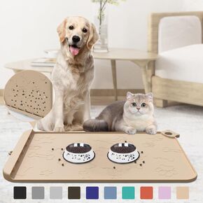Pet Feeding Mat, Dog Food Mat, Silicone Pet Feeding Mats with Residue Collection Pocket, Waterproof Dog Cat Bowl Mats for Food and Water with Edge and Hook, Tray for Dog Bowls (Teal, 18''x12'')
