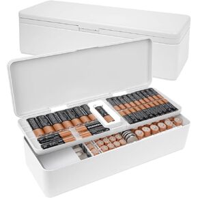 Battery Organizer Storage Box, Battery Storage Case with Electric Quantity Detection, Battery Case Holder for 50 AA, 46 AAA, 19 Button Cell (White)
