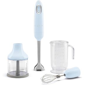 SMEG Handheld Immersion Blender with Beaker, Chopping Bowl w/Lid, Wire Whisk, 5 Speed Controls, made with Stainless Steel Blades and Ergonomic Design (Pastel Blue)