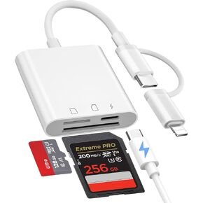 SD Card Reader for iPhone iPad Mac Dual Connector, USB C Memory Card Reader, SD Card Adapter to iPhone Support SD/Micro SD/USB-A 3 Slot, Digital Camera Card Viewer to iPhone, Plug and Play