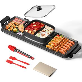 Aoran Smokeless Electric Hot Pot & Grill Combo, Large 9.5"x29" Non-Stick Design, 3 Adjustable Heat Levels, Easy to Clean，Includes Brushes, Tongs & Paper