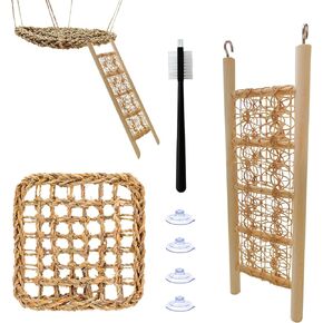Hermit Crab Climbing Toys, Seagrass Hammocks and Reptile Ladder Bridge Set with Small Brush, Hermit Crab Accessories for Live Hermit Crab Chameleon Hamster Guinea Pig