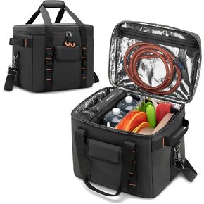 Trunab Moisture-Proof Camping Organizer and Storage Tote, Portable Outdoor Camping Bag with Adjustable Dividers and Insulated Compartment, for Hiking Cookware, Picnic, Grilling, Travel, Car, Black