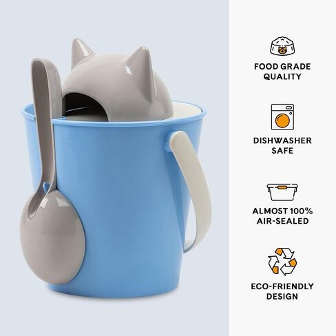 United Pets Crick Cat Food Storage Container | Adorable Pet Dry Foods Air Tight Container Bucket with Lids & Scoop | 2 kg Large Capacity Pet Food Container for Cats & Kitten | Dove Gray & Light Blue in Saudi Arabia