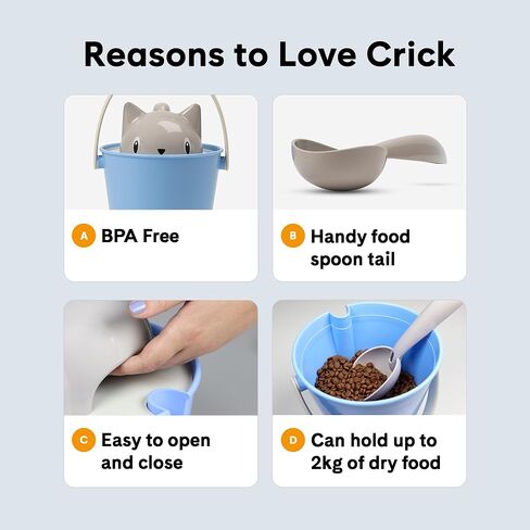 United Pets Crick Cat Food Storage Container | Adorable Pet Dry Foods Air Tight Container Bucket with Lids & Scoop | 2 kg Large Capacity Pet Food Container for Cats & Kitten | Dove Gray & Light Blue in Saudi Arabia