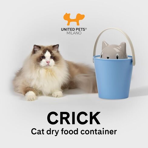 United Pets Crick Cat Food Storage Container | Adorable Pet Dry Foods Air Tight Container Bucket with Lids & Scoop | 2 kg Large Capacity Pet Food Container for Cats & Kitten | Dove Gray & Light Blue in Saudi Arabia