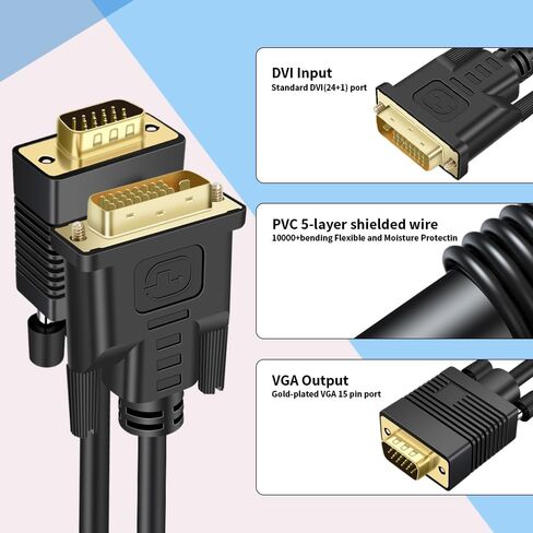 DVI(Sources) to VGA (Display) Cable 30ft, Uni-Directional DVI-D 24+1 to VGA Cord, Gold-Plated Connectors, 1080P Full HD for HDTV, PC, Host, Laptop, Monitor, Projector, Black Cable in Kuwait