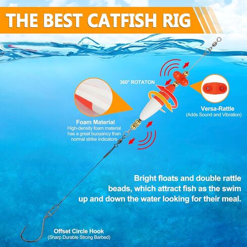 Catfish Rig Catfish Float Rigs, Catfishing Tackle Floats with Rattler Catfishing Equipment, 4pcs Santee Cooper Rigs for Catfish Fishing 8/0 Circle Hooks for Peg Floats Catfish Rig for Bank Fishing in Kuwait